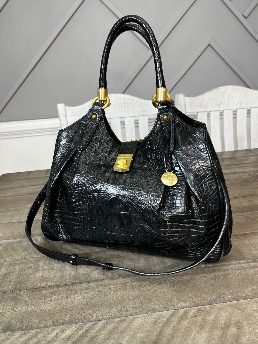 *BRAHMIN* Black Elisa
Melbourne Croc-Embossed Leather Satchel Shoulder Bag